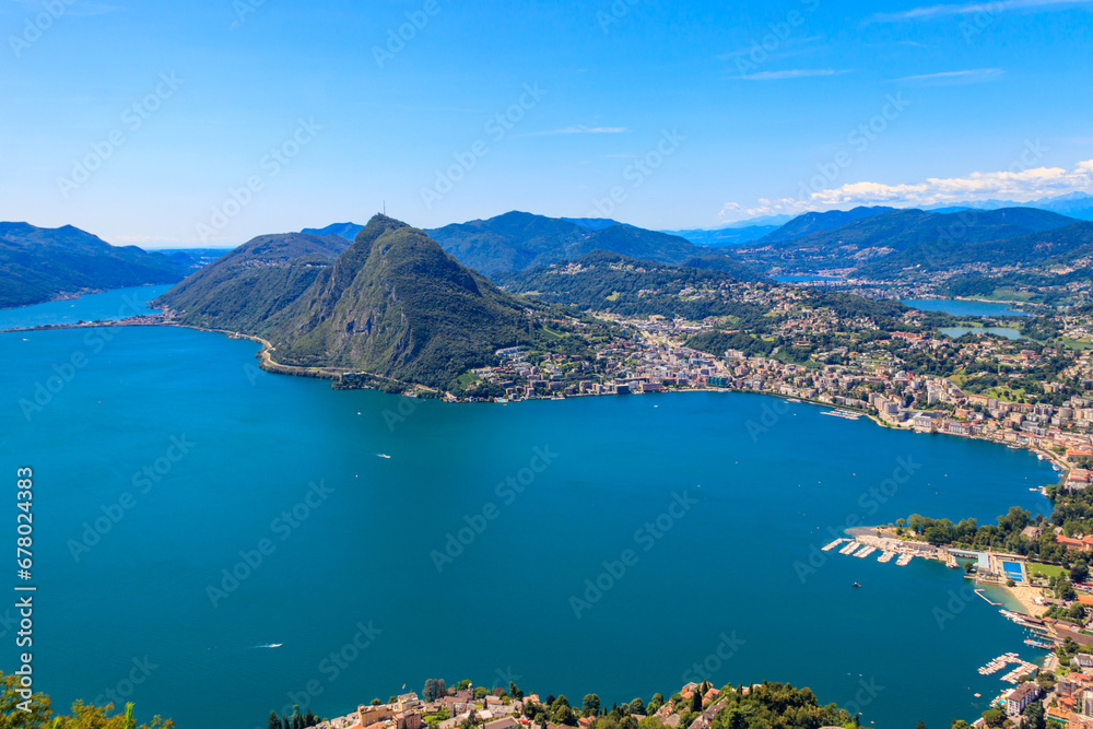 Scenic view of lake Lugano from Monte Bre mountain in Ticino canton, Switzerland