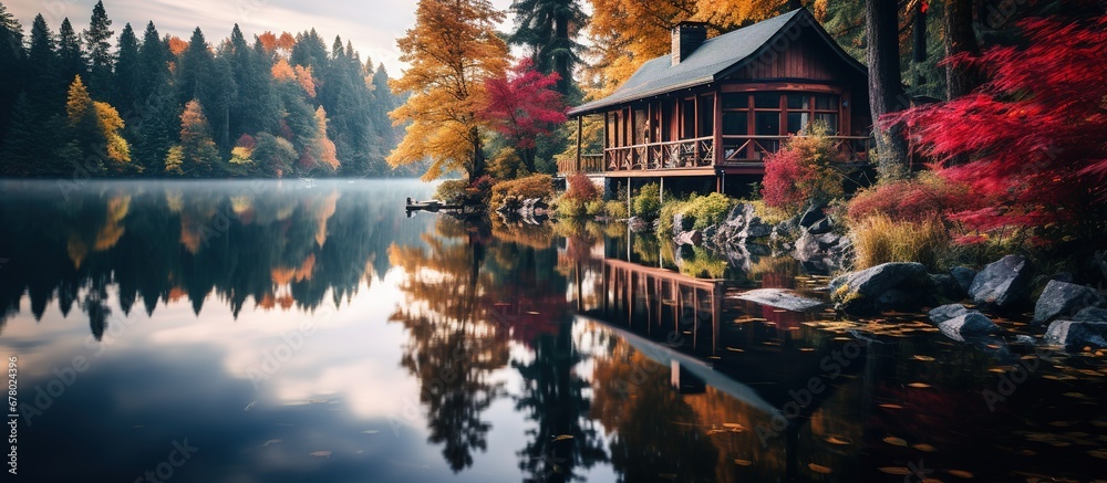 Obraz premium Autumn landscape with colorful trees and wooden house on the lake.