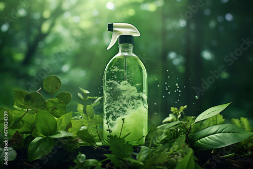bio degradable liquid dish soap spray with leaves & green trees