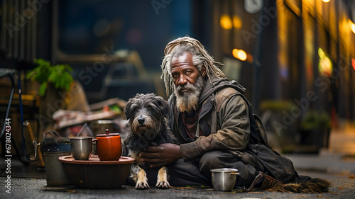Homeless poor beggar with a dog sits on the street.
