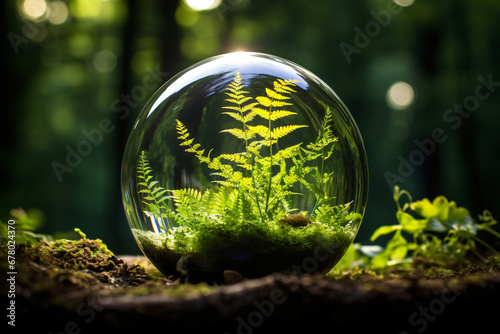 a glass ball filled with green plants  lens flare  bio-art  depth of field.