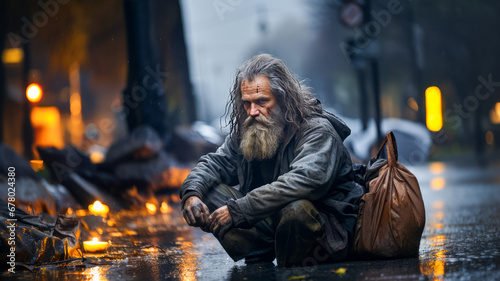 Homeless poor beggar sits on the street.