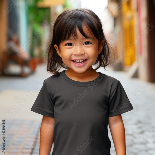 Little asian girl wearing empty blank t-shirt for design mockup