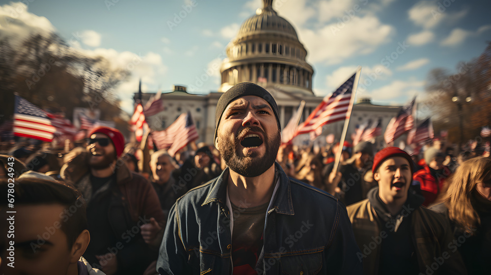 USA Republican Primaries: Patriotic People Rallying with American Flag in Support of Presidential Candidates. Political Engagement and National Pride Concept. - obrazy, fototapety, plakaty 