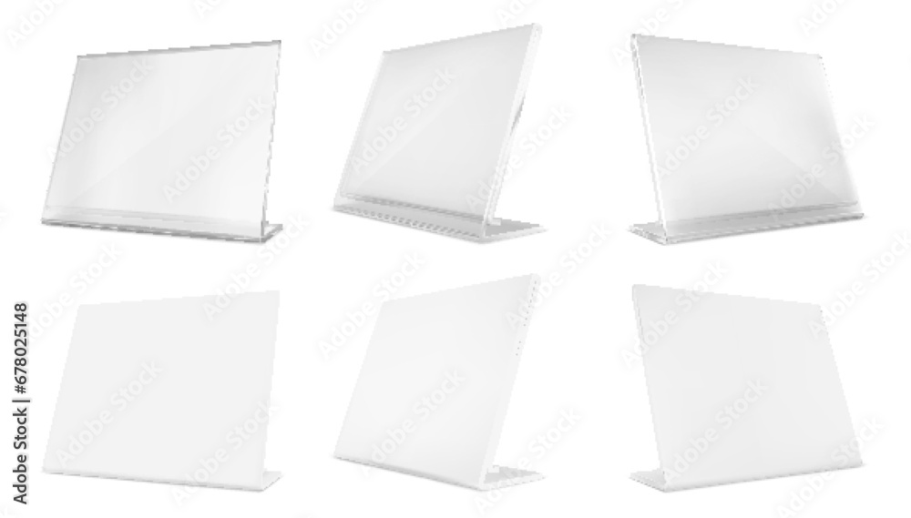 Vector table tent, card holder. Vector empty stand display.plastic, price tag or restaurant menu mockup. Vector table tent, card holder. Vector empty stand display.plastic, price tag or restaurant menu mockup.