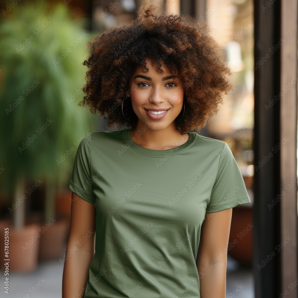 Fototapeta premium Black woman wearing blank empty t-shirt for mockup