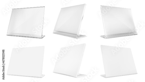Vector table tent, card holder. Vector empty stand display.plastic,  price tag or restaurant menu mockup.