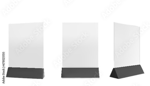 Vector table tent, card holder. Vector empty stand display.plastic,  price tag or restaurant menu mockup.