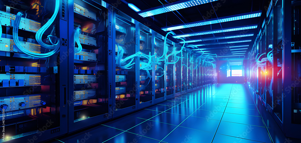 Working Data Center Full of Rack Servers and Supercomputers, Modern Telecommunications, Artificial Intelligence, Supercomputer Technology Concept.3d rendering, Working Data Center Full of Rack Servers and Supercomputers, Modern Telecommunications, Artificial Intelligence, Supercomputer Technology Concept.3d rendering,