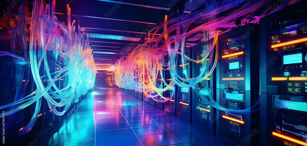 Working Data Center Full of Rack Servers and Supercomputers, Modern Telecommunications, Artificial Intelligence, Supercomputer Technology Concept.3d rendering,
