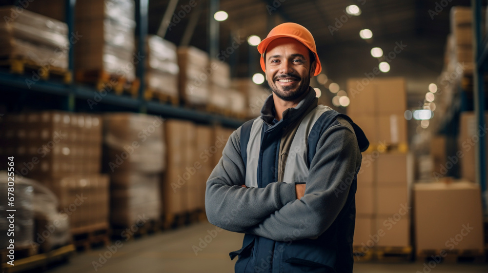 Fototapeta premium Guardians of Goods: Men Safeguarding the Warehouse Stockpile, Generative AI