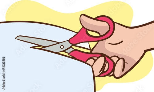 vector illustration of hand cutting paper with scissors