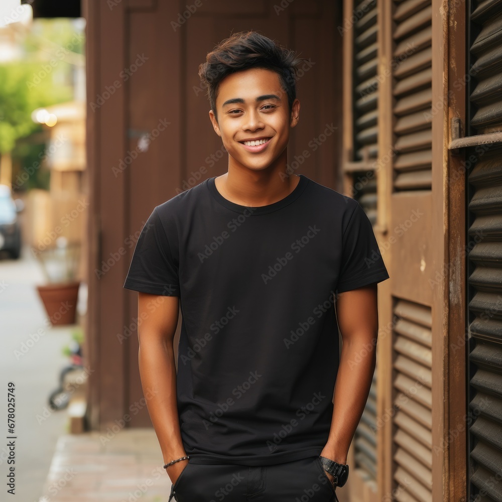 A young male teenage model wearing empty blank t-shirt for mockup