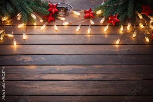 lighted christmas lights on wooden background frame 