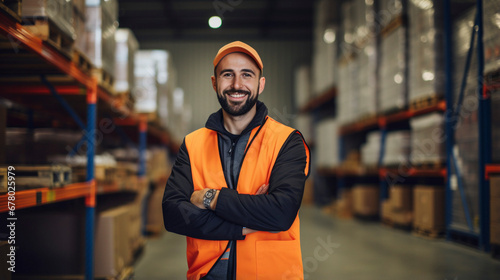 warehouse worker smiling because he loves his job, Generative AI
