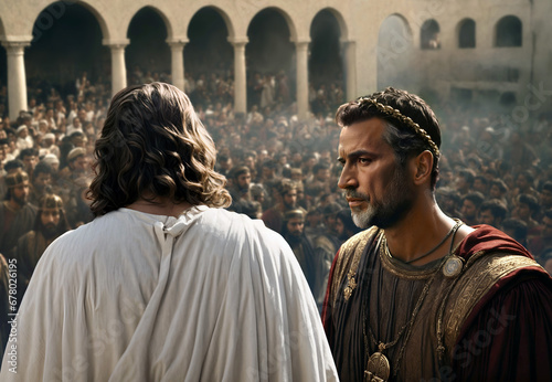 Photo Religious biblical scene concept of Pontius Pilate who presided over the trial of Jesus gave in to the crowd's demands to crucify Jesus