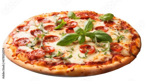 Delicious mozzarella pizza with fresh vegetables and herbs. PNG on transparent background.