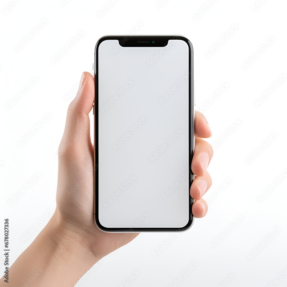 Mockup of a hand holding a smartphone with a blank screen and white background Mockup of a hand holding a smartphone with a blank screen and white background