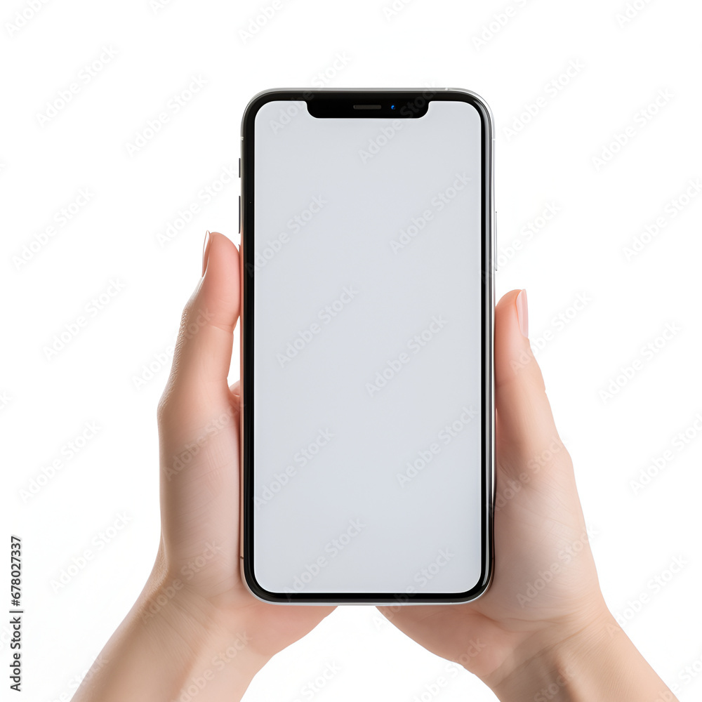 Mockup of a hand holding a smartphone with a blank screen and white background Mockup of a hand holding a smartphone with a blank screen and white background