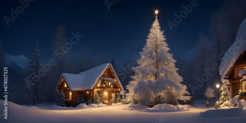 Beautiful winter landscape with wooden house and Christmas tree at night.