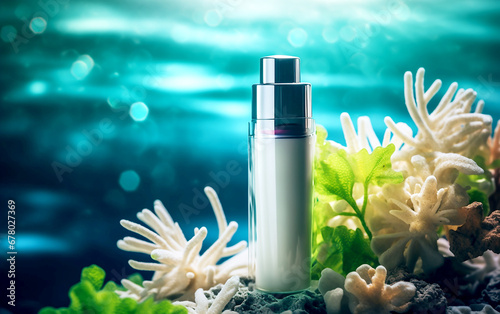 Collagen extract cosmetics of deep sea plants for product mockup. Algae plant essence with sea water cosmetic flat blue bottle with sea salt. Undersea mock up background.