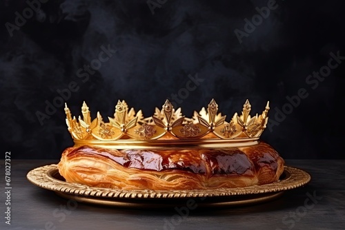 It is a French tradition to serve galette de roi for dinner. On a dark background. photo