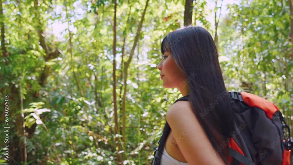 Asian young beautiful woman backpacker traveling alone in forest wild. Asian young beautiful woman backpacker traveling alone in forest wild.