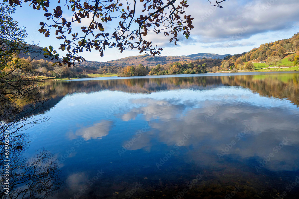 Magnificent scenery of Lake district national park with reflections on the water showing the beautiful colors of autumn. 