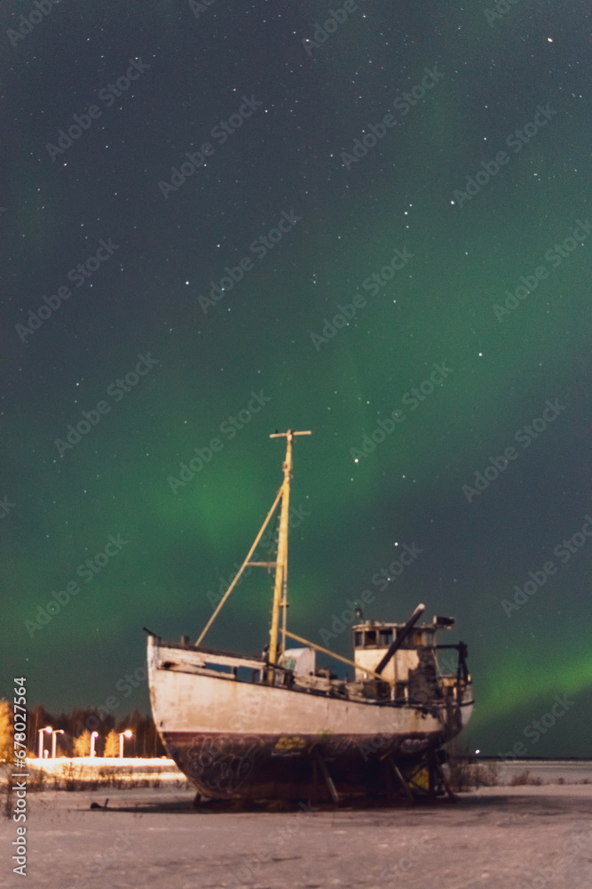 northern lights, aurora in the night sky, an old, abandoned ship northern lights, aurora in the night sky, an old, abandoned ship