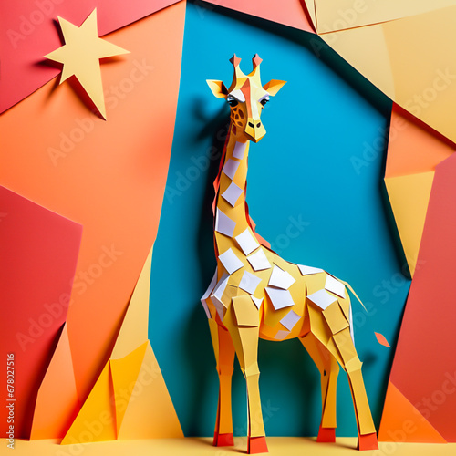 giraffe shaped illustration made of paper on the abstract background. photo