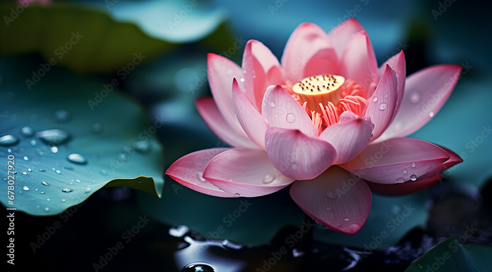 Pink lotus in full bloom with droplets on petals, against green leaves.
