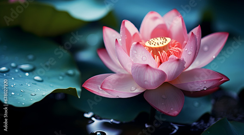 Pink lotus in full bloom with droplets on petals  against green leaves.