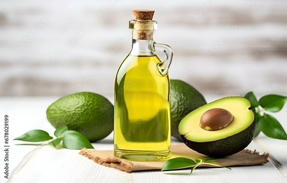 fresh avocado fruit and bottle with avocado oil on white wooden table for healthy life eating and diet card design fresh avocado fruit and bottle with avocado oil on white wooden table for healthy life eating and diet card design