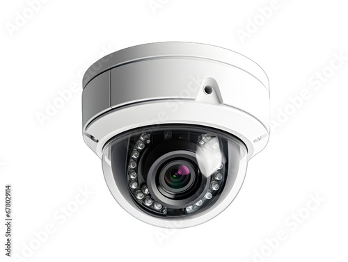 Ceiling-mounted Security Camera Focused Lens Isolated on Transparent or White Background, PNG