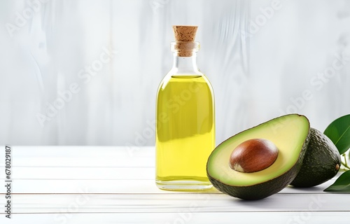fresh avocado fruit and bottle with avocado oil on white wooden table for healthy life eating and diet card design
