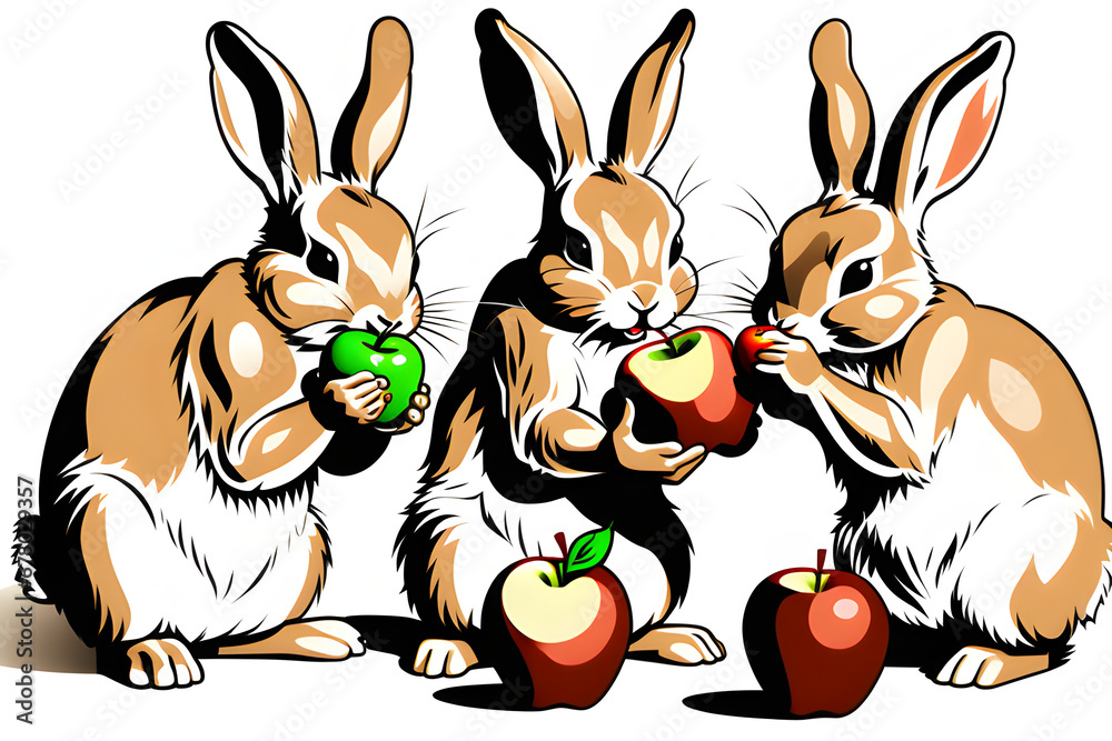 Fototapeta premium Draw three rabbits eating an apple. generative ai