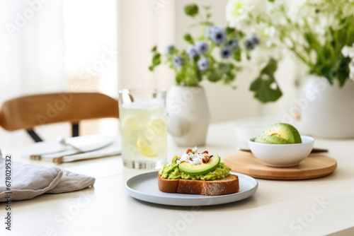 Avocado toast on a modern kitchen table setup