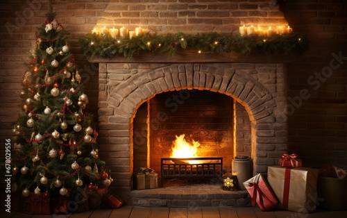 Christmas tree on fireplace background