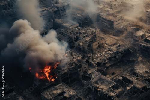 Aerial view of a destructive urban fire with smoke.