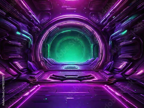 Fondo de un túnel futurista color neón que simula el interior de una nave espacial 
