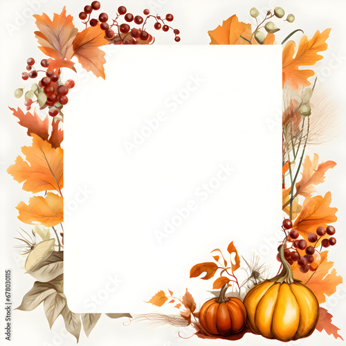 Blank white copy space with a fall and Thanksgiving themed border. Ideal or invitations or menus. Generative ai. 