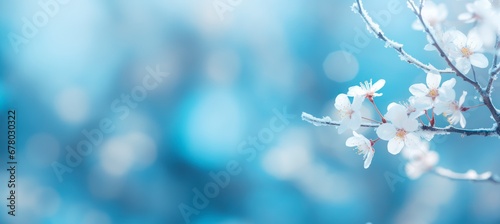 frozen flower on blue landscape, christmas winter horizontal background. large copy space for text , Concept for christmas, holiday, celebration, New Year's Eve, banner wallpaper