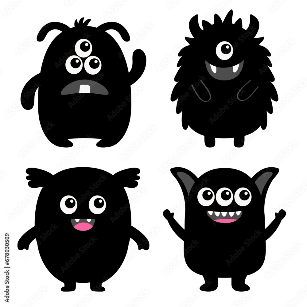 Fototapeta premium Black monster silhouette icon set. Happy Halloween. Cute cartoon kawaii scary funny baby character. Eyes, tooth fang, tongue,hands up. White background. Isolated. Flat design.