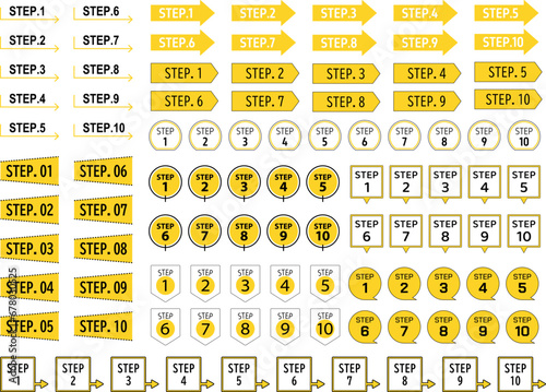 シンプル　ステップ　アイコン　順番　矢印　グラフィック　素材　セット　吹き出し　1〜10　黄色 photo