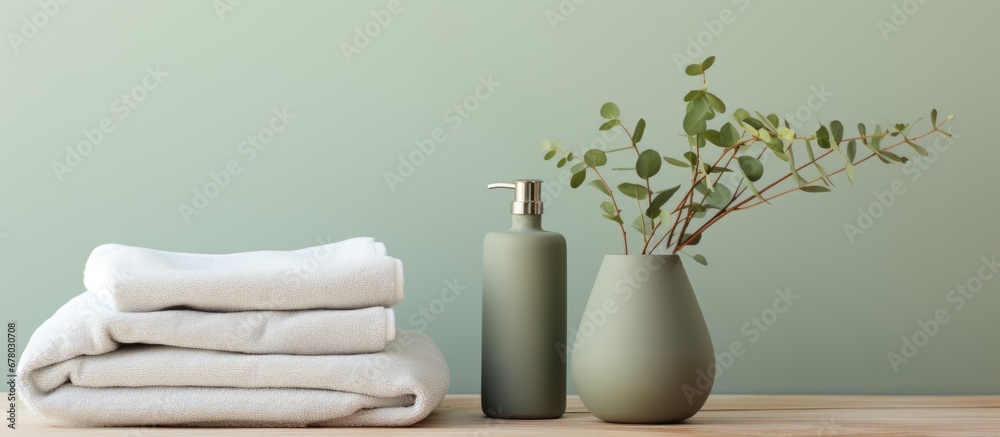 Contemporary green bathroom accessories with organic cotton towels vase sensor soap and lotion dispenser on oak stump Daily body care idea Copy space image Place for adding text or design