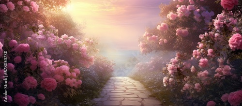 Enchanting pink roses bloom in a fabulous garden with a mysterious summer background of glowing sun rays and heavenly nature Copy space image Place for adding text or design