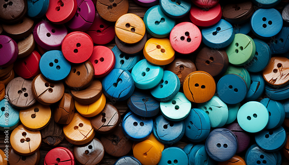 Colorful wooden buttons with two and four holes scattered on a table Colorful wooden buttons with two and four holes scattered on a table