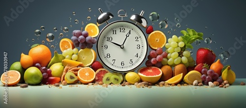 Digestion intestines nutrition timing timing diet fasting Crohn s disease inflammatory bowel disease fruit vegan clock and food Copy space image Place for adding text or design photo