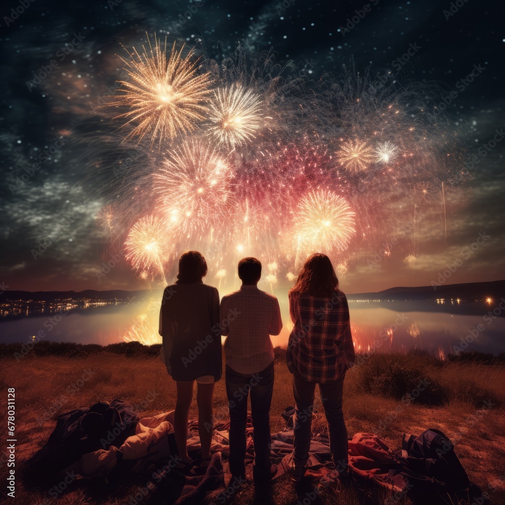 Group of friends standing watching fireworks