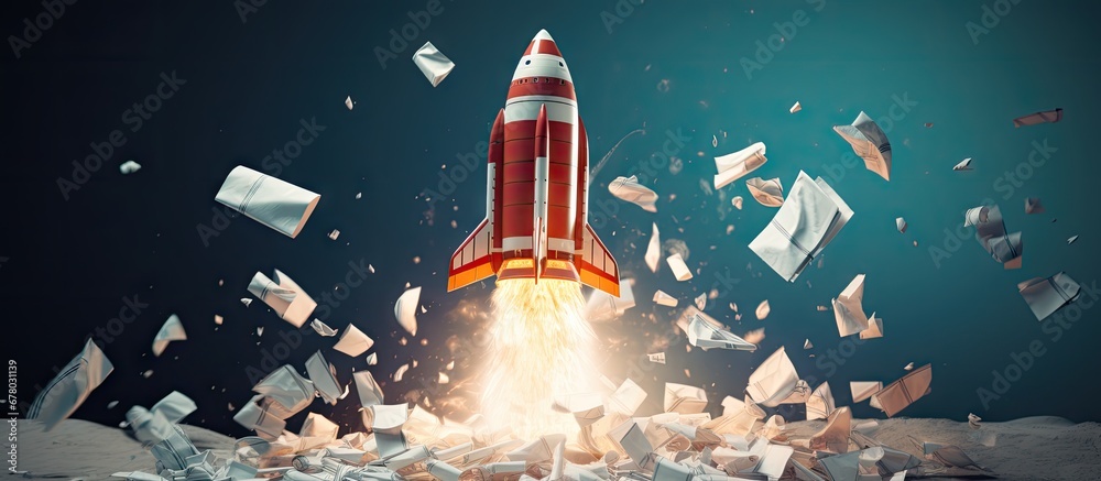 Entrepreneurial idea Rocket launching with paper trail Copy space image ...